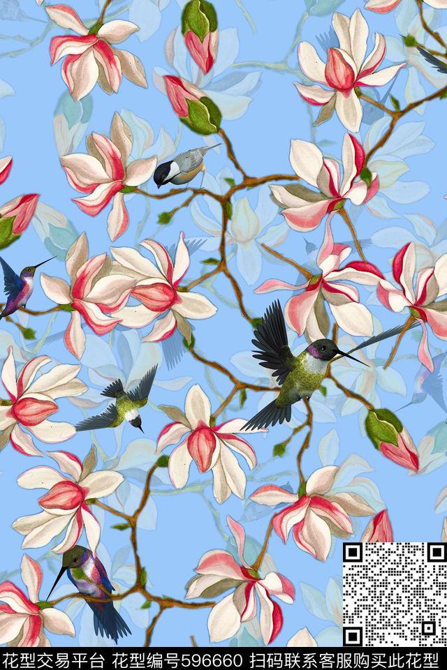 裙装床品手绘写意花鸟数码印花华亿平台下载（图片编号: 596660） - 瓦栏（Walan）