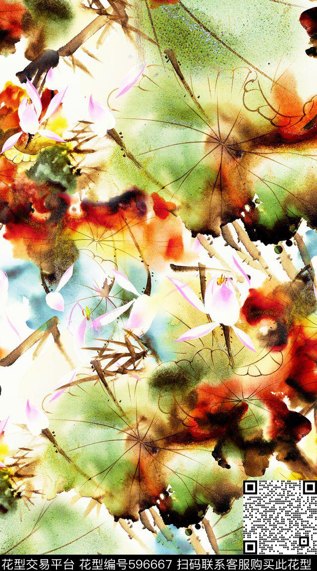 荷花水墨花卉数码印花华亿平台下载（图片编号: 596667） - 瓦栏（Walan）