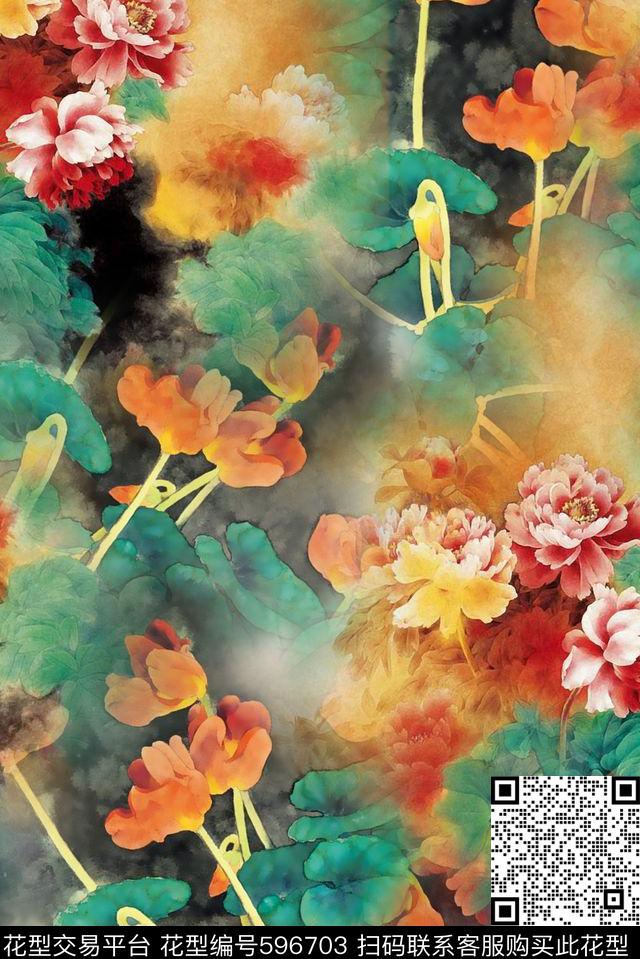 乱花郁金香手绘中国风数码印花华亿平台下载（图片编号: 596703） - 瓦栏（Walan）