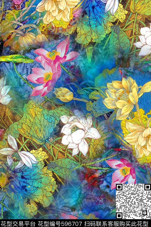 中国风国画荷花数码印花华亿平台下载（图片编号: 596707） - 瓦栏（Walan）