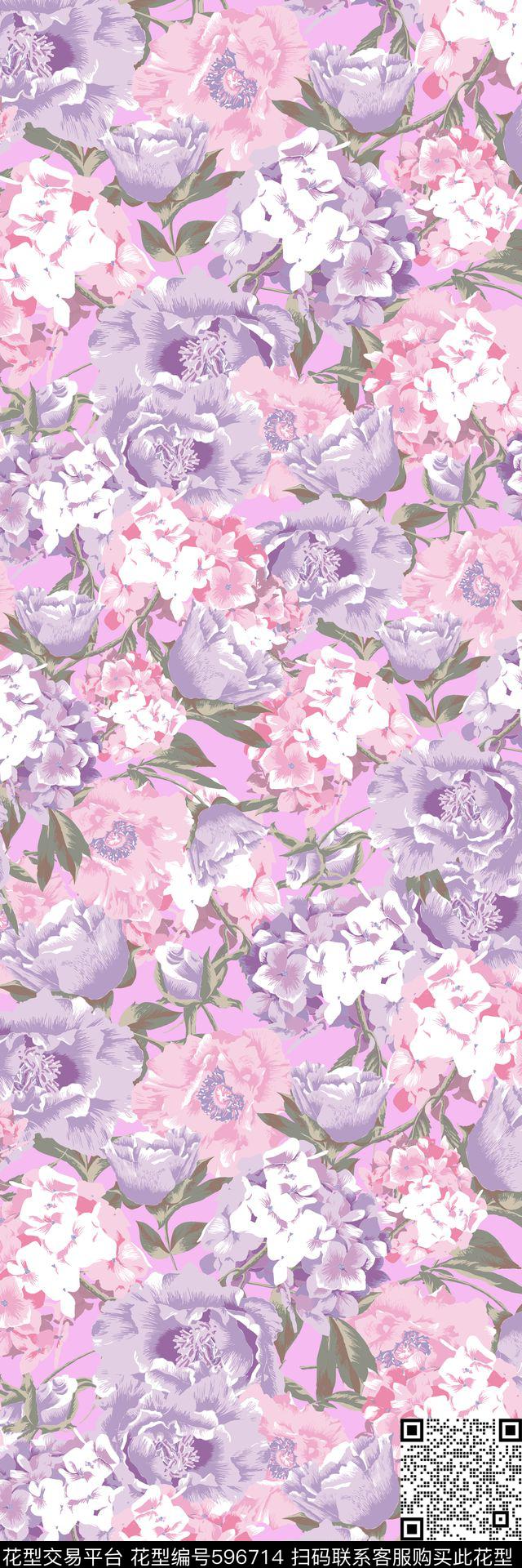 绣球花乱花大花传统印花华亿平台下载（图片编号: 596714） - 瓦栏（Walan）