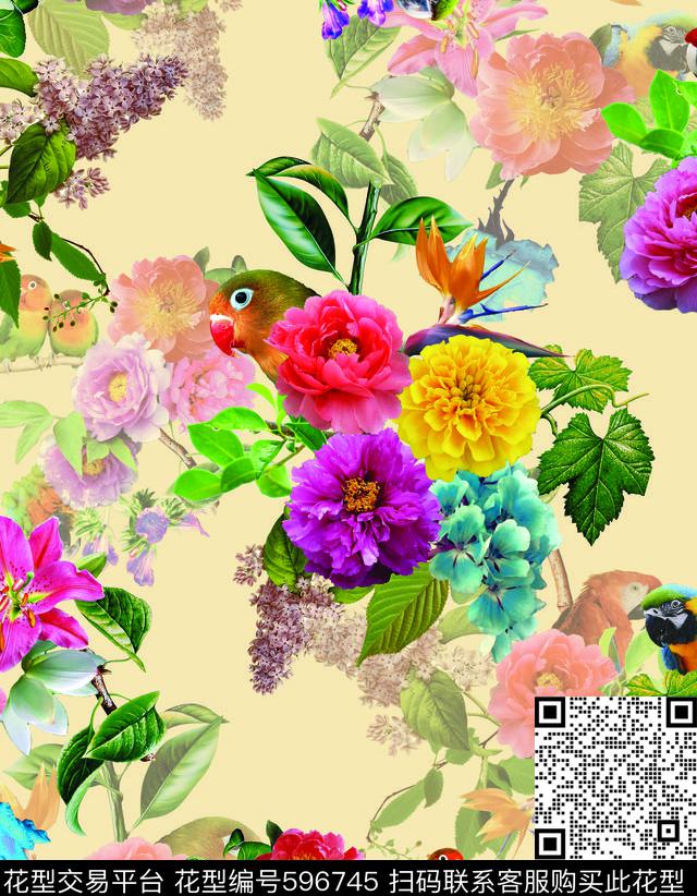 花鸟牡丹花朵数码印花华亿平台下载（图片编号: 596745） - 瓦栏（Walan）