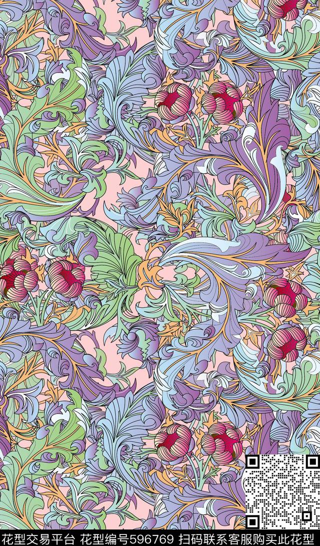 欧式宫廷花卉时尚女装印花数码印花华亿平台下载（图片编号: 596769） - 瓦栏（Walan）