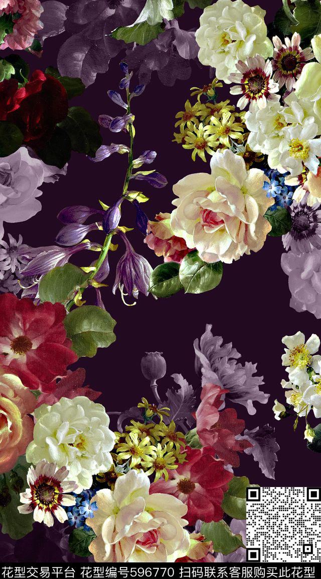 油画复古花卉数码印花华亿平台下载（图片编号: 596770） - 瓦栏（Walan）