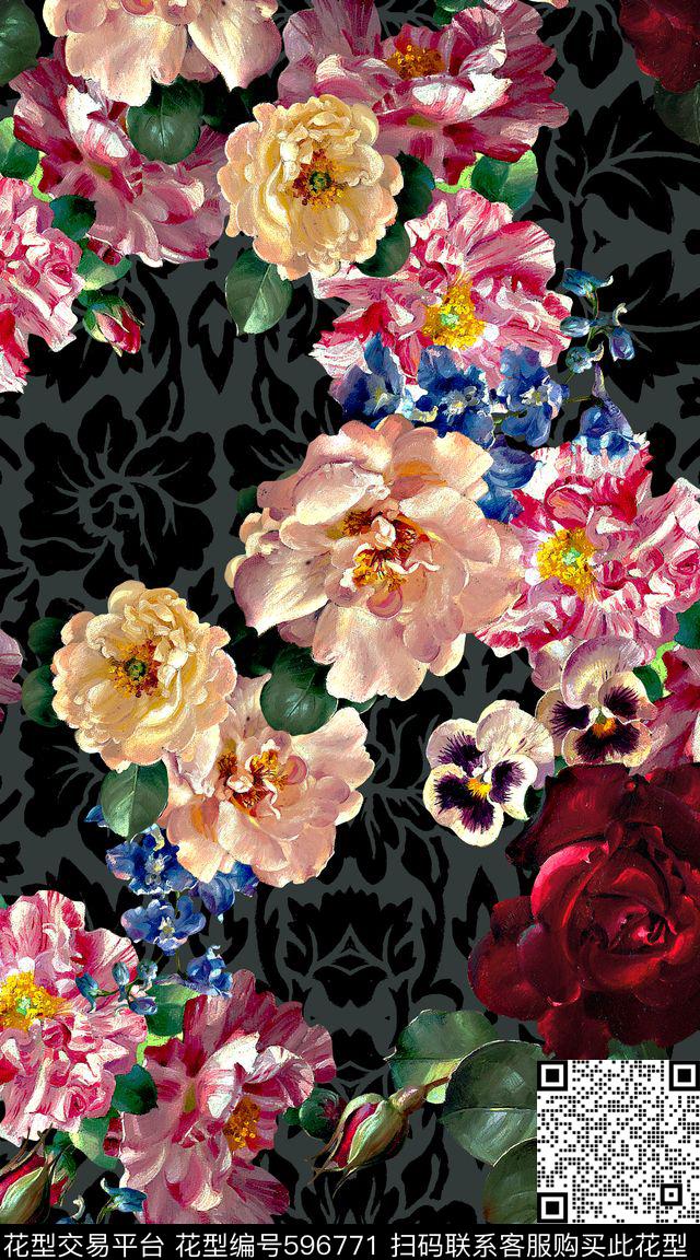油画复古花卉数码印花华亿平台下载（图片编号: 596771） - 瓦栏（Walan）