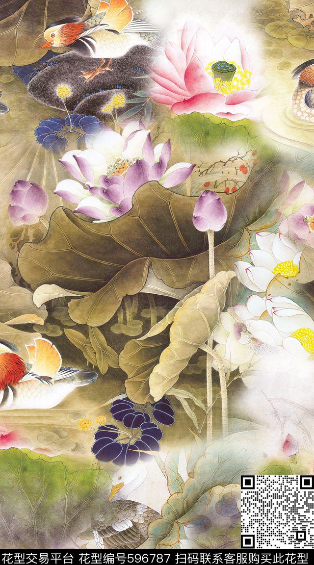 意境中国风荷花数码印花华亿平台下载（图片编号: 596787） - 瓦栏（Walan）