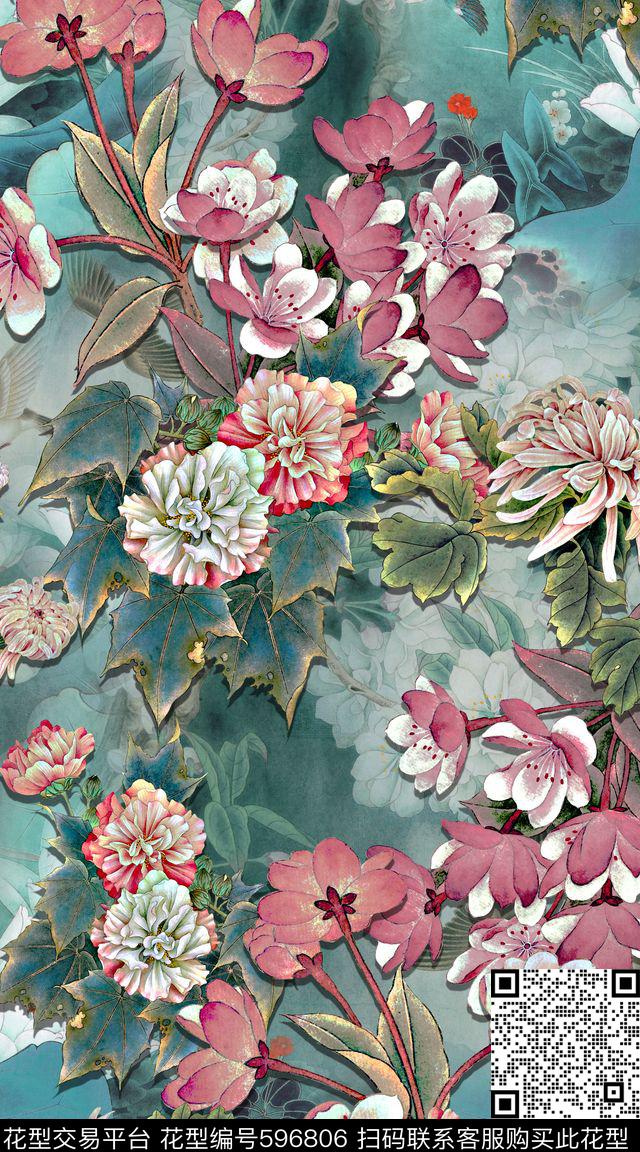 立体中国风花卉数码印花华亿平台下载（图片编号: 596806） - 瓦栏（Walan）