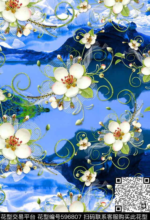 欧美流行时尚欧美大牌简约山水网纹卷边花数码印花华亿平台下载（图片编号: 596807） - 瓦栏（Walan）