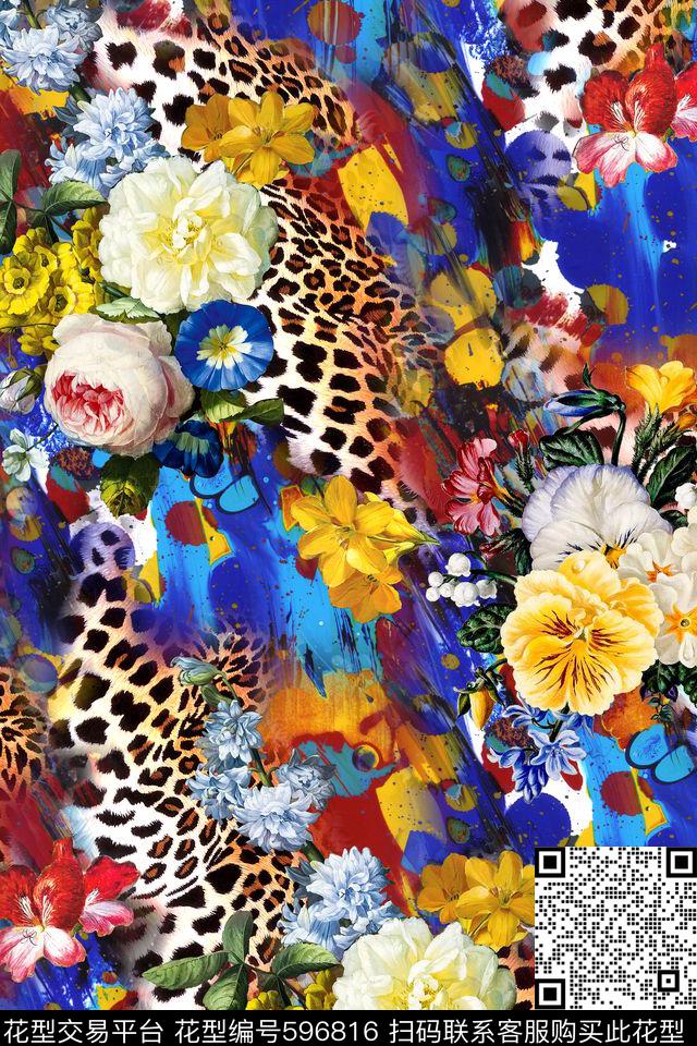 豹纹油画花卉数码印花华亿平台下载（图片编号: 596816） - 瓦栏（Walan）