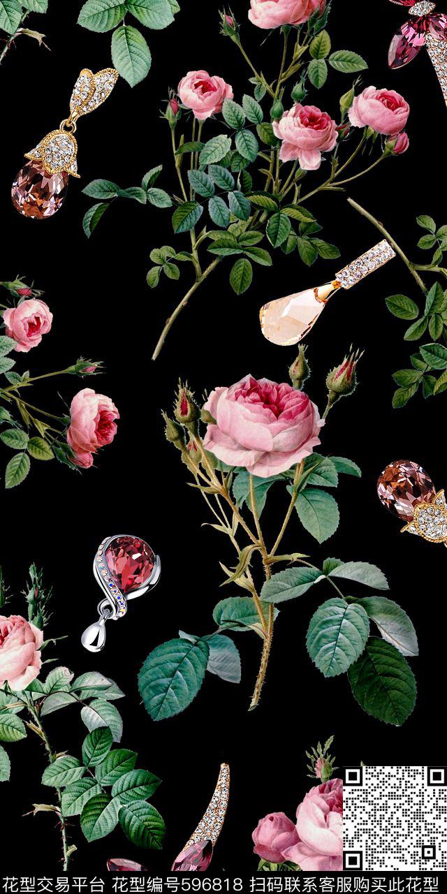 浪漫潮流花卉珠宝数码印花华亿平台下载（图片编号: 596818） - 瓦栏（Walan）