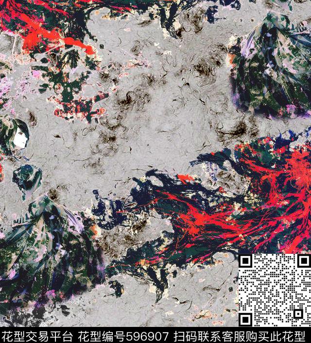 笔触肌理抽象山水数码印花华亿平台下载（图片编号: 596907） - 瓦栏（Walan）