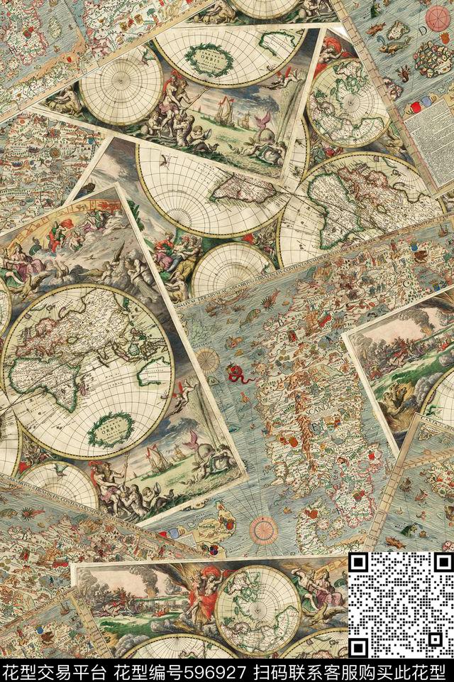 男装航海地图拼贴数码印花华亿平台下载（图片编号: 596927） - 瓦栏（Walan）