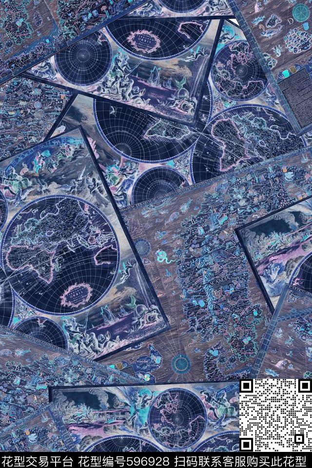 男装航海地图拼贴数码印花华亿平台下载（图片编号: 596928） - 瓦栏（Walan）