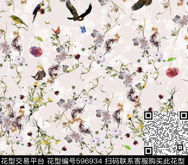 小碎花手绘花鸟花鸟水果组合数码印花华亿平台下载（图片编号: 596934） - 瓦栏（Walan）