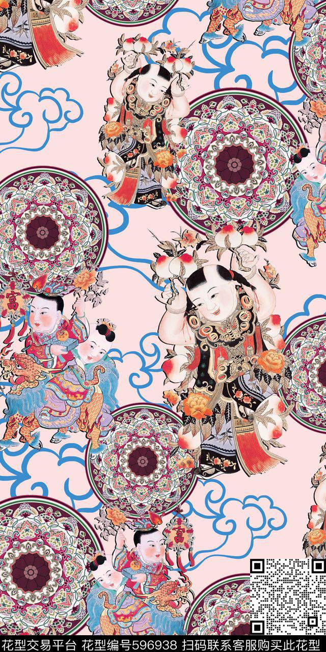 中国风纹饰、手绘人物、祥云底纹数码印花华亿平台下载（图片编号: 596938） - 瓦栏（Walan）