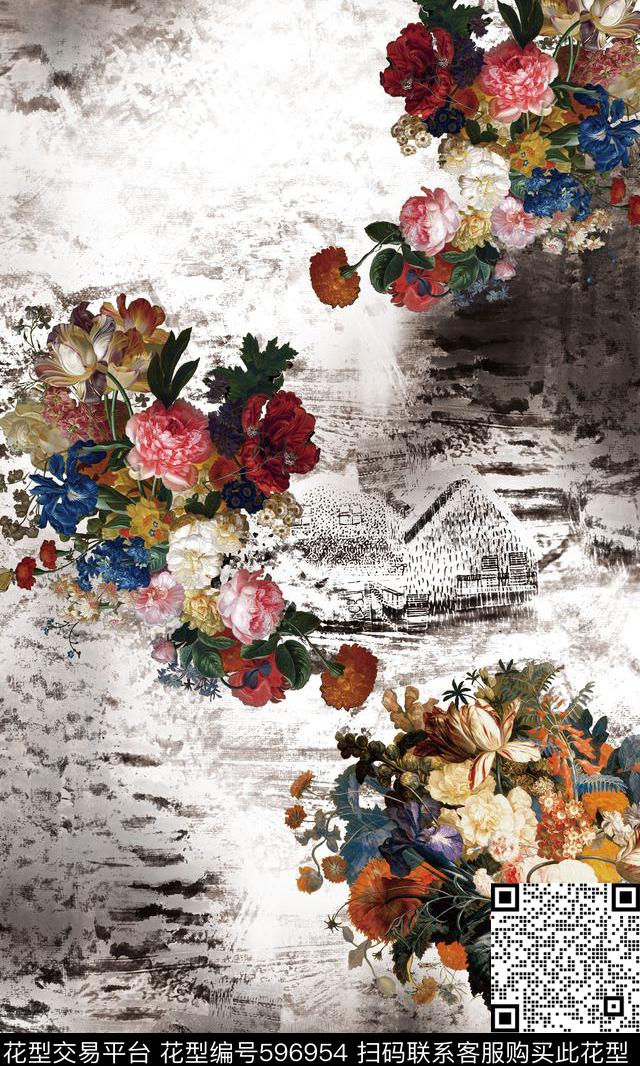 花卉水墨花卉手绘数码印花华亿平台下载（图片编号: 596954） - 瓦栏（Walan）