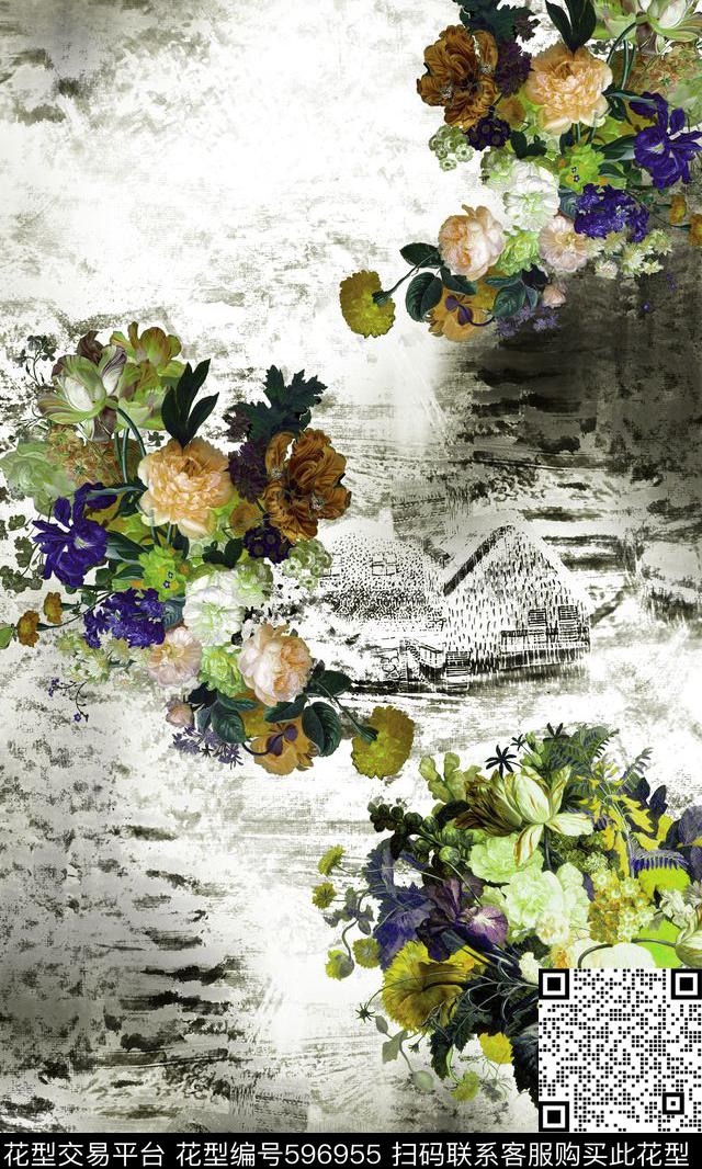 花卉水墨花卉手绘数码印花华亿平台下载（图片编号: 596955） - 瓦栏（Walan）