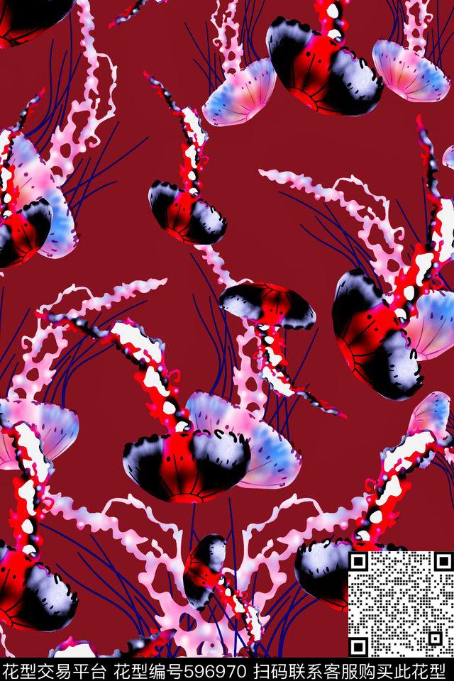 手绘水母水彩数码印花华亿平台下载（图片编号: 596970） - 瓦栏（Walan）