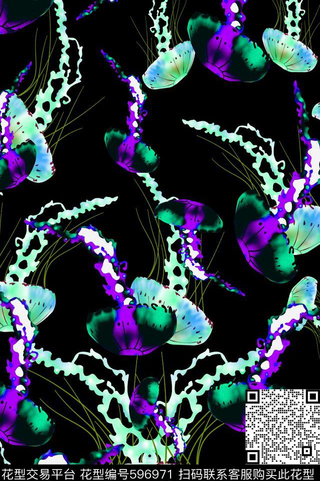手绘水母水彩数码印花华亿平台下载（图片编号: 596971） - 瓦栏（Walan）