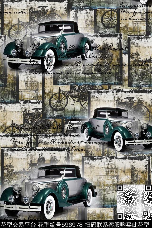 老爷车复古四方连续数码印花华亿平台下载（图片编号: 596978） - 瓦栏（Walan）
