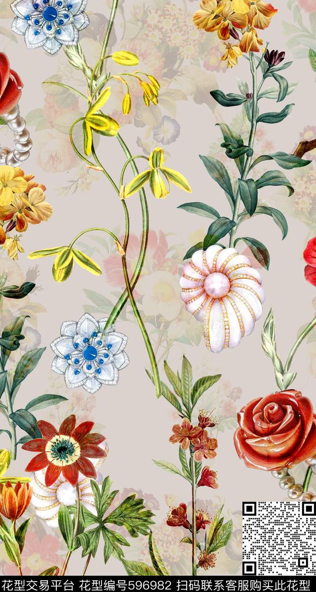 清新珠宝手绘花卉数码印花华亿平台下载（图片编号: 596982） - 瓦栏（Walan）