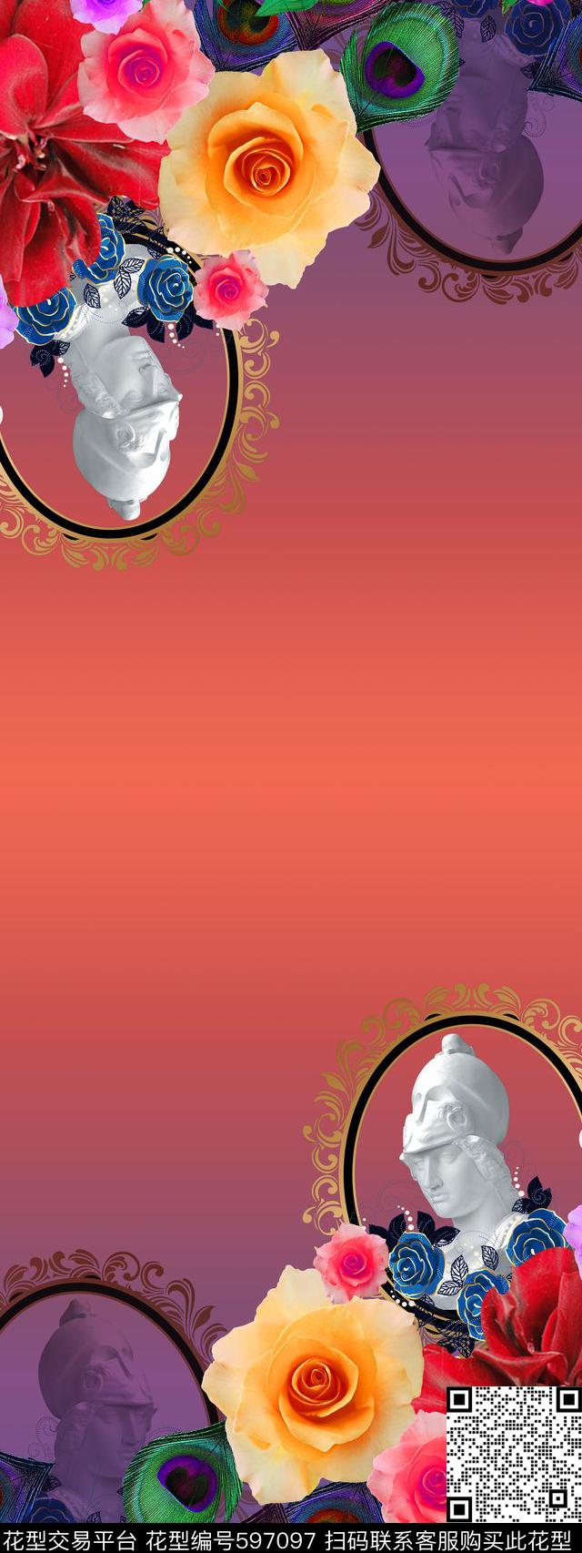 双边定位羽毛花卉传统印花华亿平台下载（图片编号: 597097） - 瓦栏（Walan）