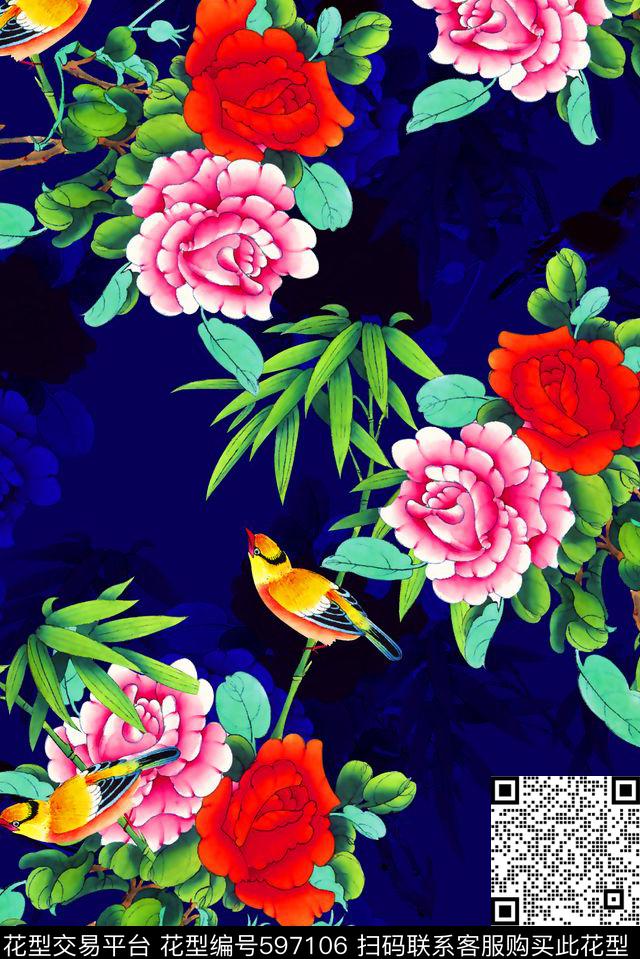中国风花鸟女装旗袍数码印花华亿平台下载（图片编号: 597106） - 瓦栏（Walan）