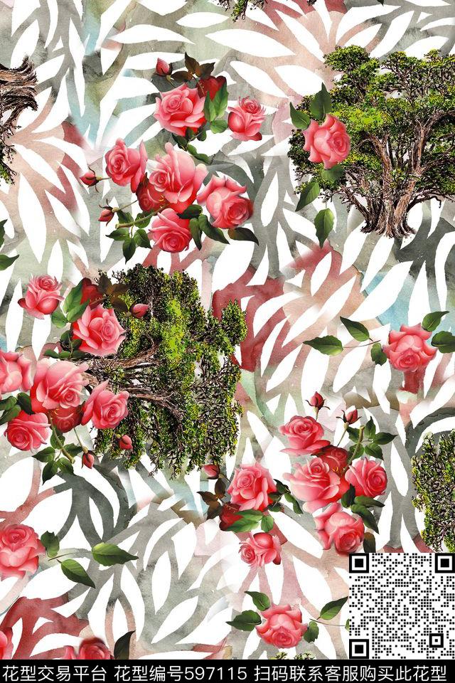 花卉树木休闲线条数码印花华亿平台下载（图片编号: 597115） - 瓦栏（Walan）