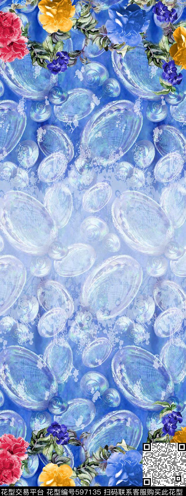 花卉双边海洋贝壳数码印花华亿平台下载（图片编号: 597135） - 瓦栏（Walan）
