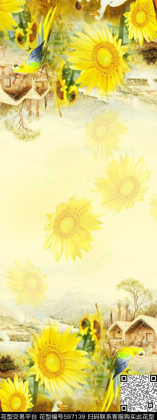定位向日葵房子传统印花华亿平台下载（图片编号: 597139） - 瓦栏（Walan）