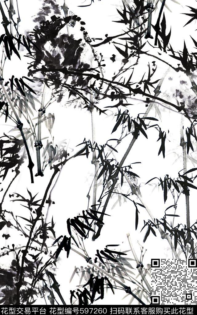 墨竹国画中国风数码印花华亿平台下载（图片编号: 597260） - 瓦栏（Walan）