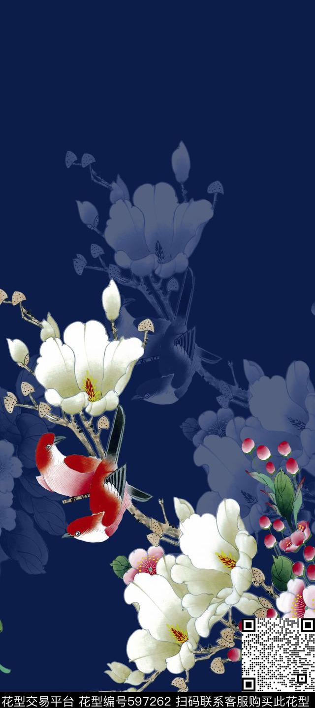 旗袍中国风工笔花卉定位数码印花华亿平台下载（图片编号: 597262） - 瓦栏（Walan）