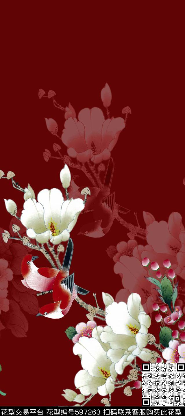 旗袍中国风工笔花卉定位数码印花华亿平台下载（图片编号: 597263） - 瓦栏（Walan）