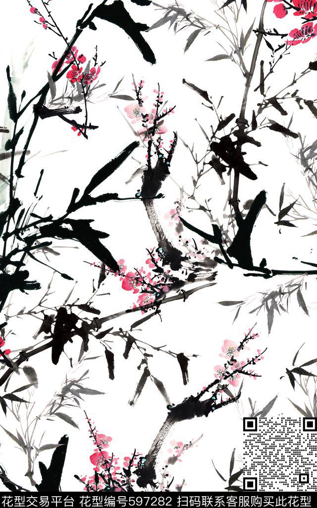 国画墨竹水墨数码印花华亿平台下载（图片编号: 597282） - 瓦栏（Walan）