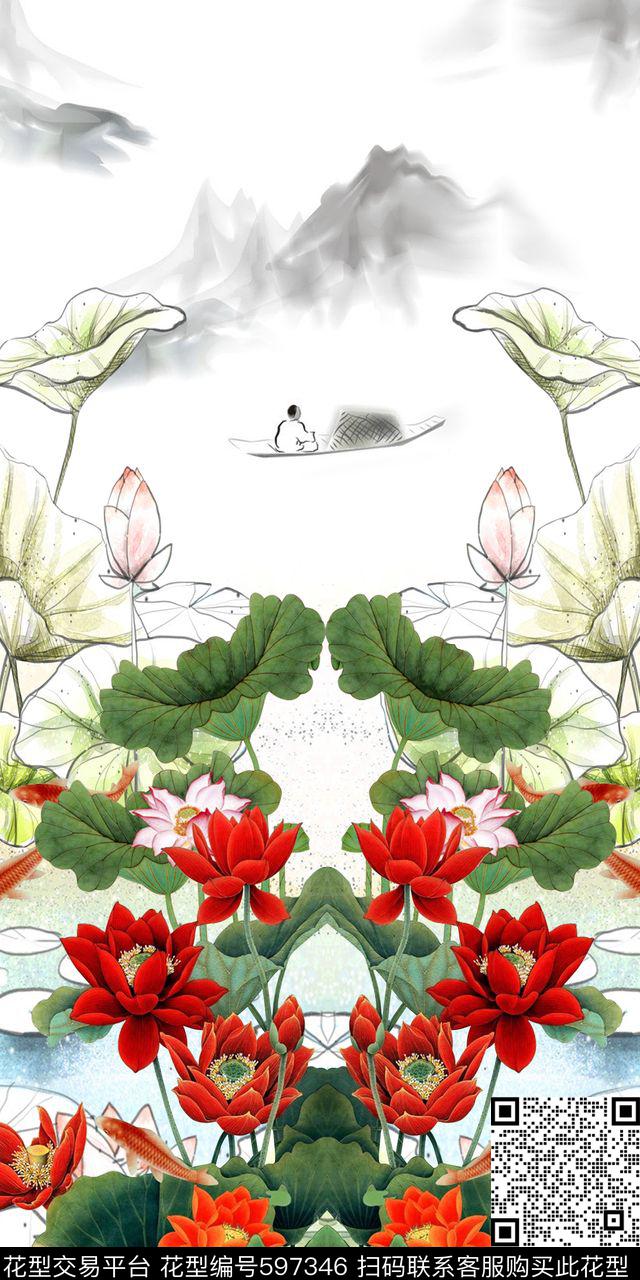花卉荷花中国风数码印花华亿平台下载（图片编号: 597346） - 瓦栏（Walan）