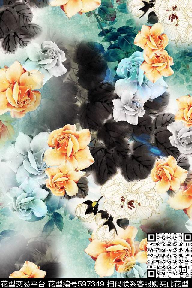 花卉玫瑰手绘中国风数码印花华亿平台下载（图片编号: 597349） - 瓦栏（Walan）