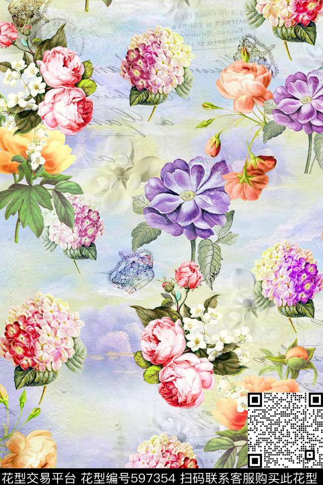 沙发布（花卉）乱花绣球花数码印花华亿平台下载（图片编号: 597354） - 瓦栏（Walan）