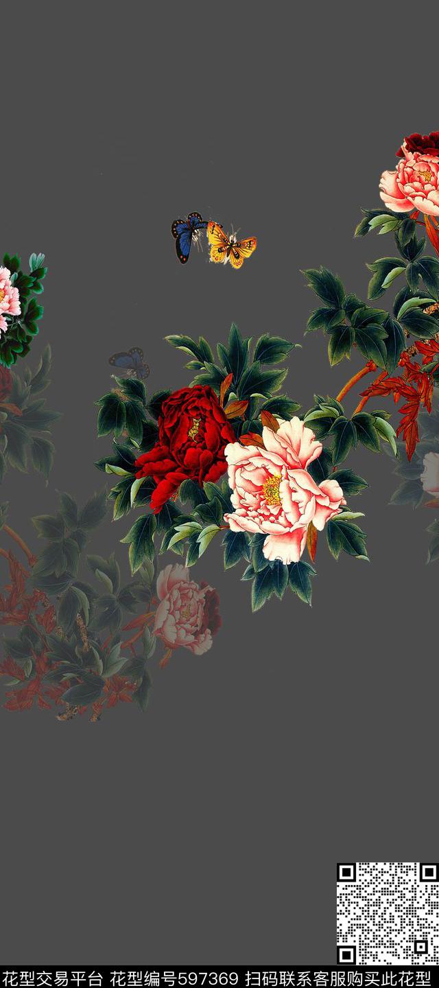 旗袍牡丹中国风定位工笔花卉数码印花华亿平台下载（图片编号: 597369） - 瓦栏（Walan）
