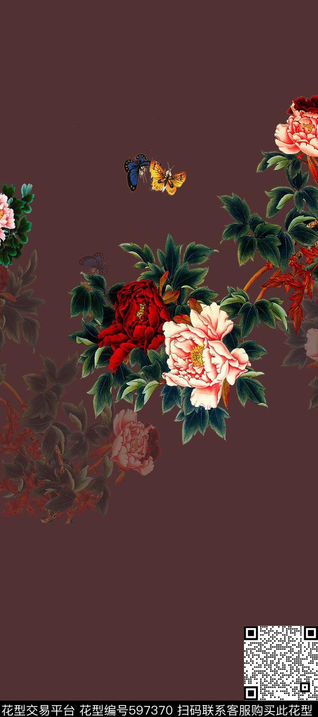 旗袍牡丹中国风定位工笔花卉数码印花华亿平台下载（图片编号: 597370） - 瓦栏（Walan）