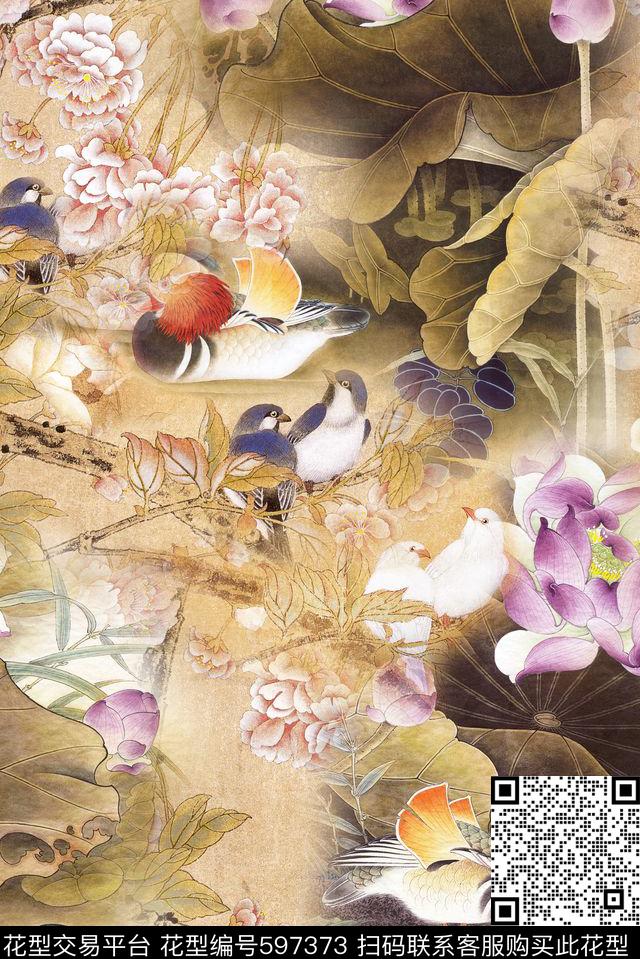 牡丹花鸟荷花数码印花华亿平台下载（图片编号: 597373） - 瓦栏（Walan）