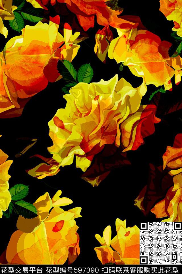 水彩肌理大花手绘玫瑰数码印花华亿平台下载（图片编号: 597390） - 瓦栏（Walan）