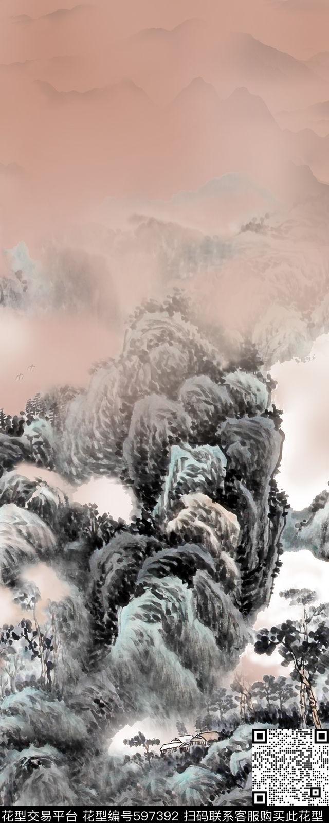 定位花下载专区山水画中国风数码印花华亿平台下载（图片编号: 597392） - 瓦栏（Walan）
