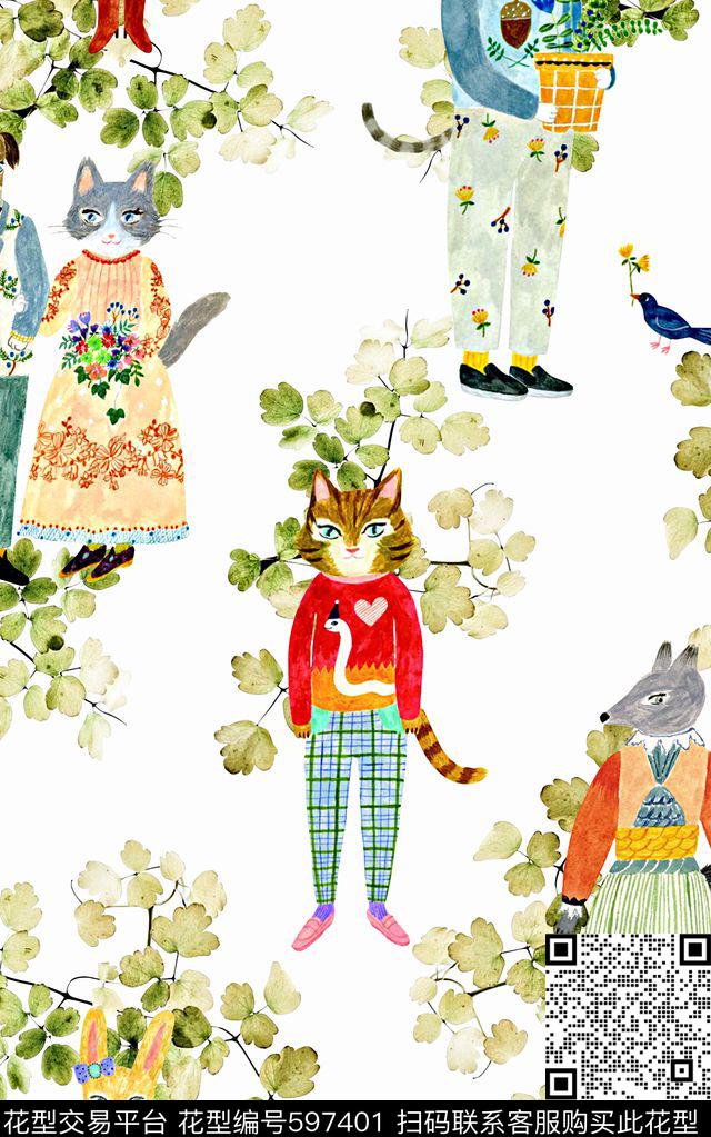 手绘水彩画时尚动物猫原创设计数码印花华亿平台下载（图片编号: 597401） - 瓦栏（Walan）