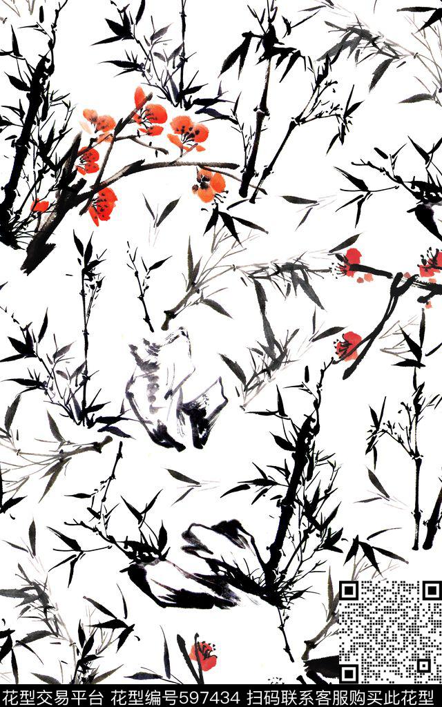 墨竹国画水墨数码印花华亿平台下载（图片编号: 597434） - 瓦栏（Walan）