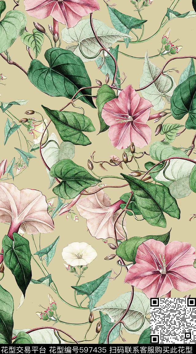素雅复古花朵数码印花华亿平台下载（图片编号: 597435） - 瓦栏（Walan）