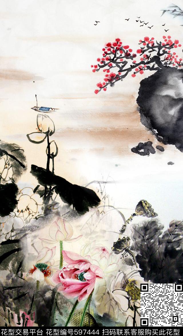 写意中国风荷花数码印花华亿平台下载（图片编号: 597444） - 瓦栏（Walan）