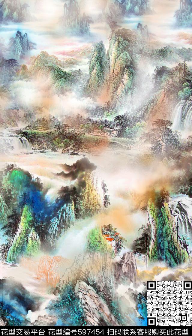 中国风国画风景数码印花华亿平台下载（图片编号: 597454） - 瓦栏（Walan）