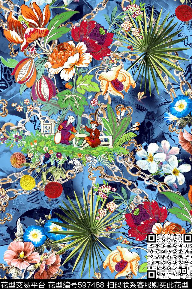 时尚花卉棕榈叶数码印花华亿平台下载（图片编号: 597488） - 瓦栏（Walan）