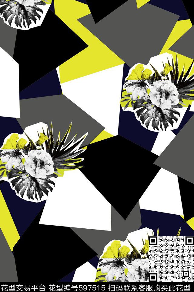 色块几何花卉传统印花华亿平台下载（图片编号: 597515） - 瓦栏（Walan）