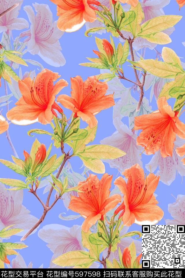 中国风手绘植物艳丽花卉数码印花华亿平台下载（图片编号: 597598） - 瓦栏（Walan）